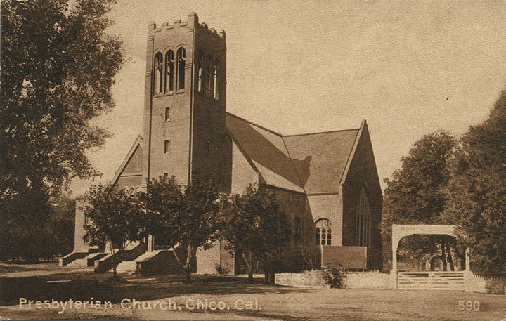This 1915 photo shows the Presbyterian Church with the gateway to the Bidwell property just to the east.